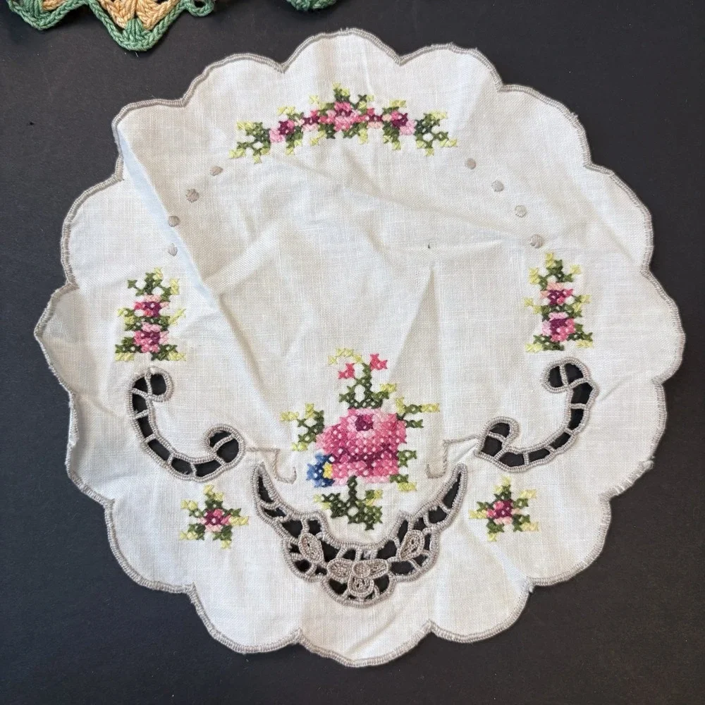 Vintage (6) Handmade Crochet Embroidered Doilies Floral Colorful Round Dresser